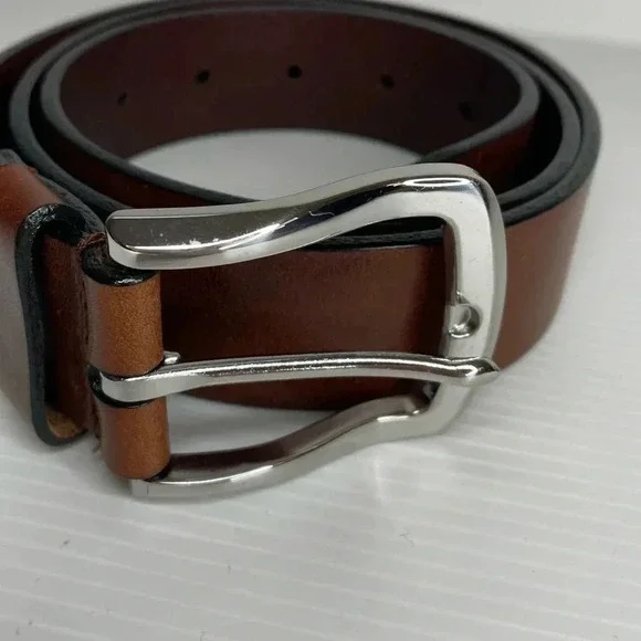 Boconi Nashville Brown Leather Belt Handcrafted Silver Tone Buckle Size 34 - Picture 2 of 10